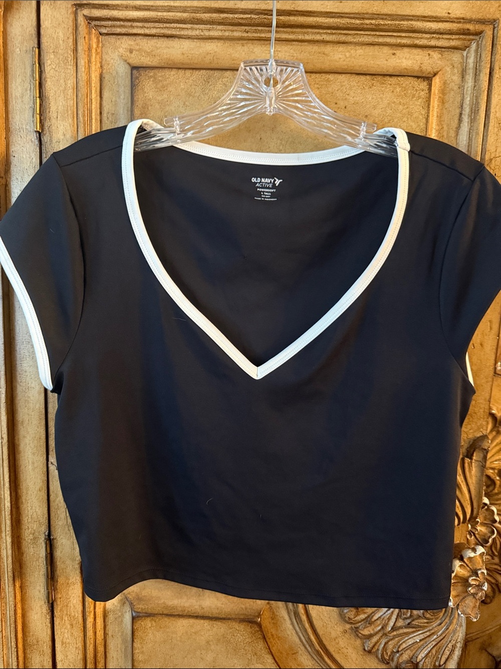 Old Navy Black Cropped V-Neck Top with White Trim